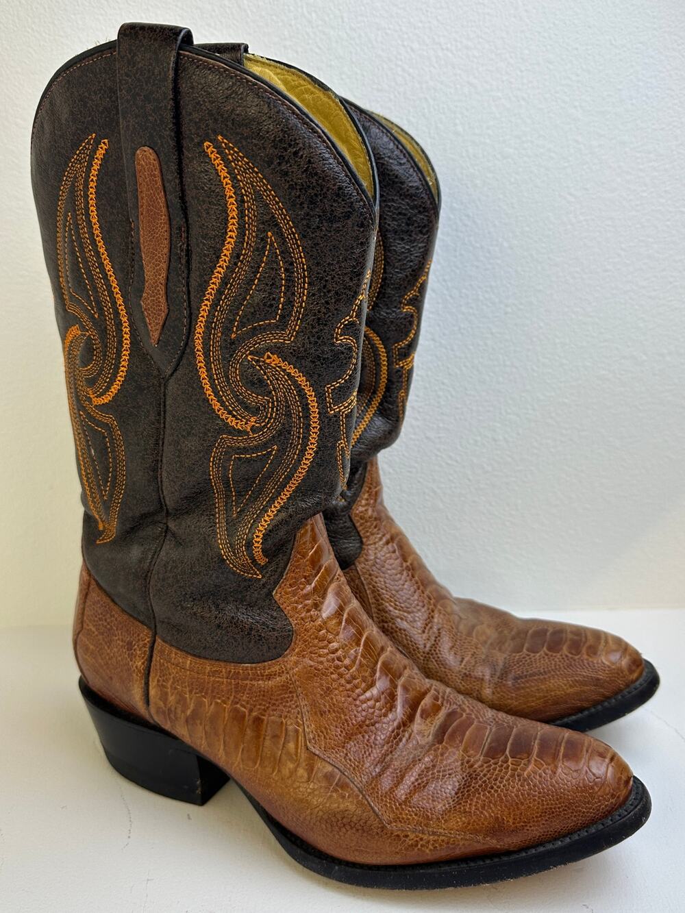 Arangos Genuine Ostrich Leg Cognac Western Cowboy Boots Men's Sz 8